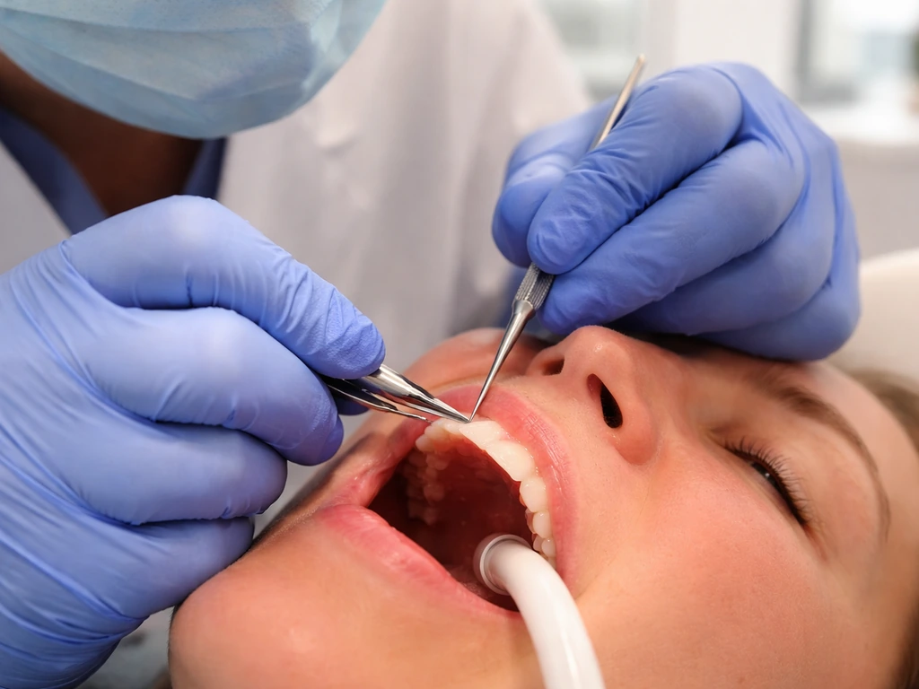 Anonymous clinician in a dental clinic performing gum graft/scaling and root planing with periodontal instruments.