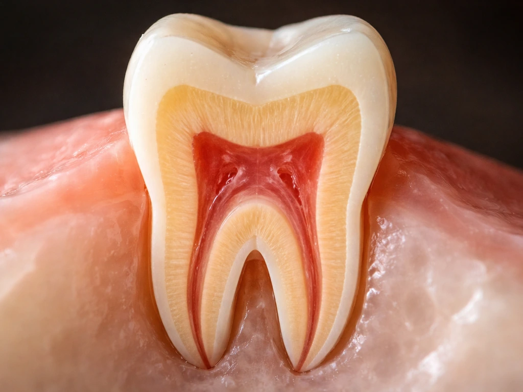 Minimal realistic cross-section style image of a developing tooth showing enamel, dentin, and pulp/roots compartments.