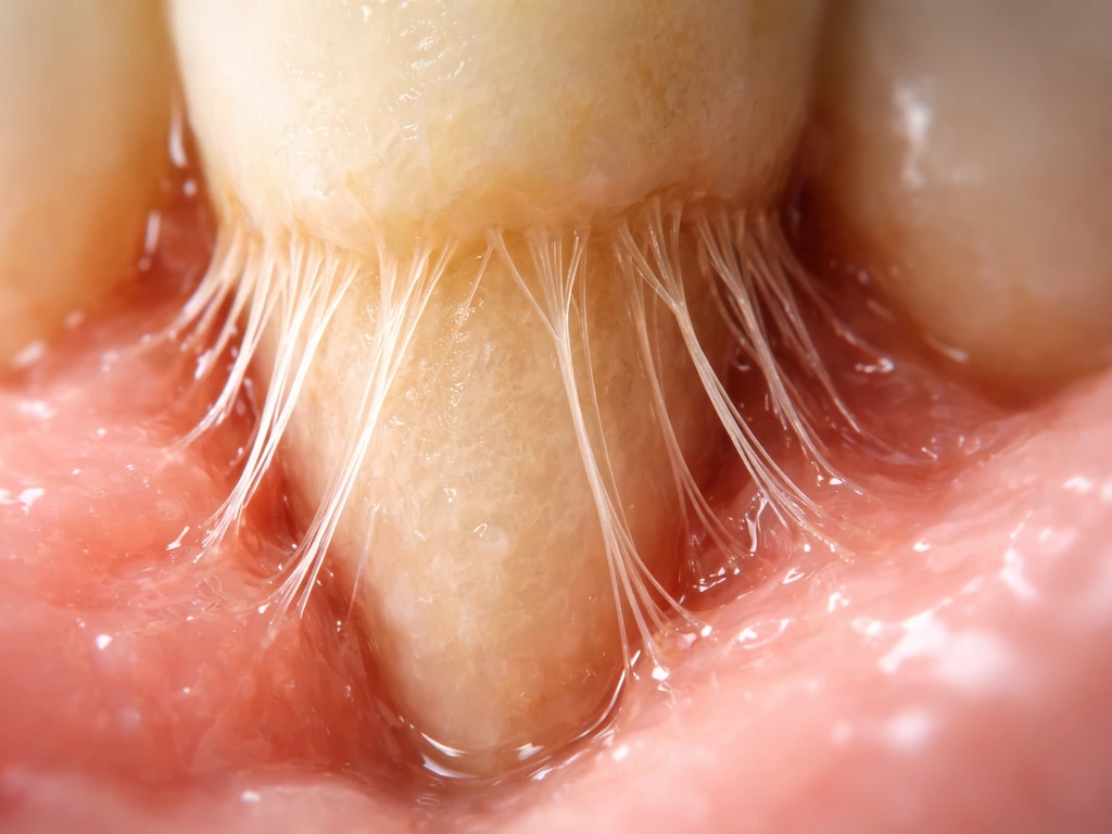 Close-up microscopic view of tooth root area with fine fibers and subtle fluid highlights, clinical regeneration concept