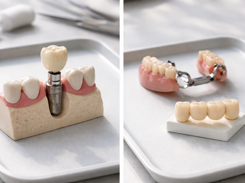 Split view of a dental implant with crown and a simple denture/bridge materials setup on a clean tray.