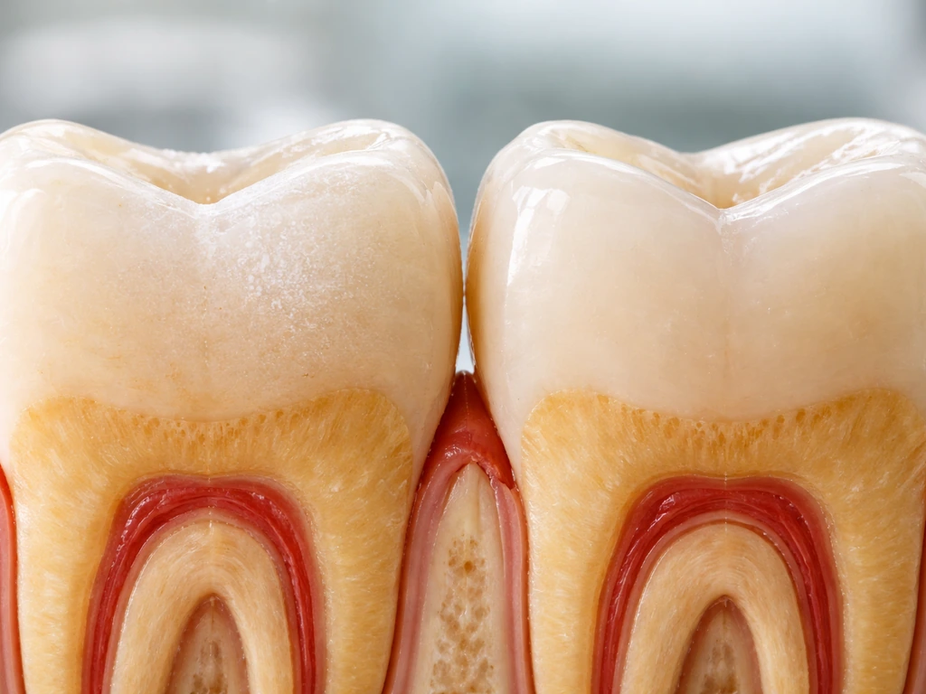 Macro dental cross-section comparing early enamel demineralization to intact enamel.