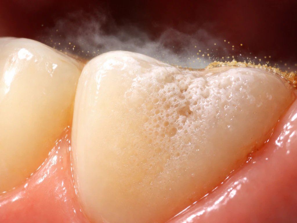 Close-up view of a tooth enamel surface being gradually demineralized by acid attack