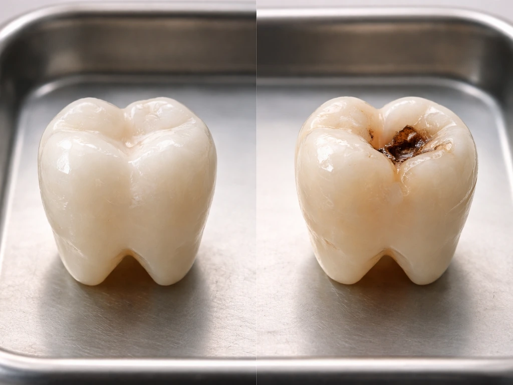 Two adjacent teeth on a dental model: one with a mild white-spot, one with a dark cavitated area.
