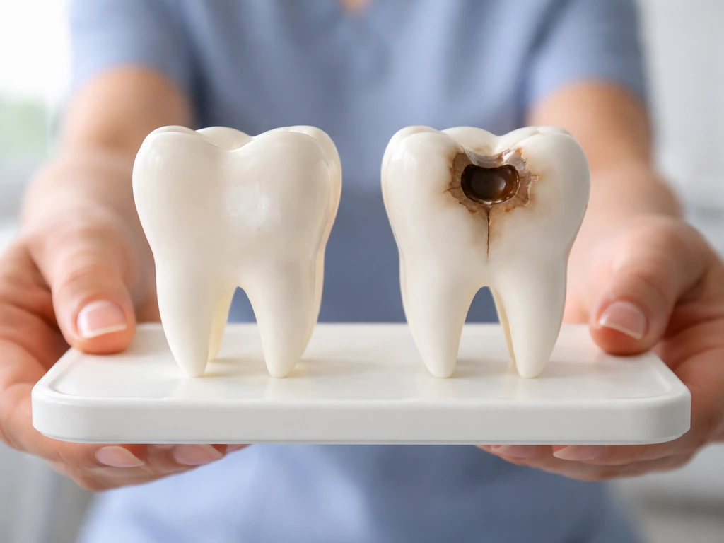 Dental clinician holding two staged tooth models showing early fluoride care and later filling treatment.