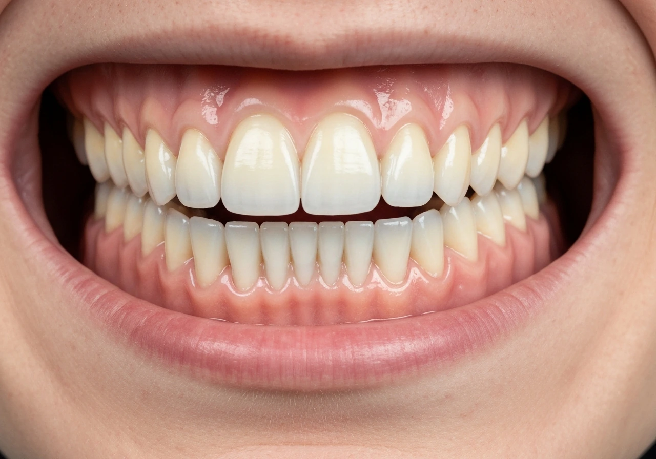 Close-up of teeth and jawline showing late eruption concept with two distinct tooth stages, minimal scene.