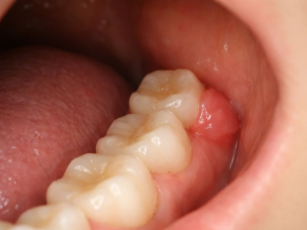 In-mouth view of a partially erupted wisdom tooth behind the last molar with gum irritation.