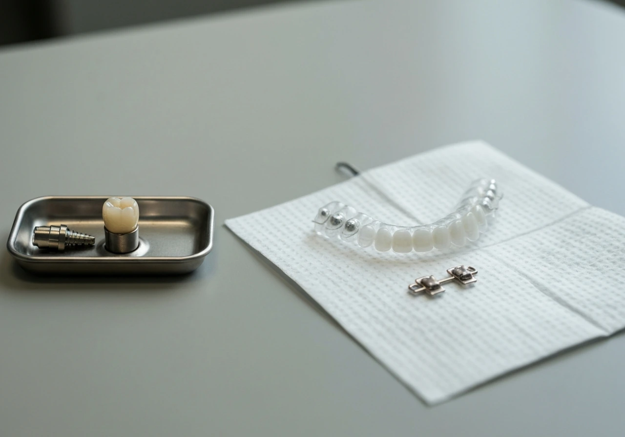 Side-by-side dental implant crown and clear aligners/braces on a sterile tray.