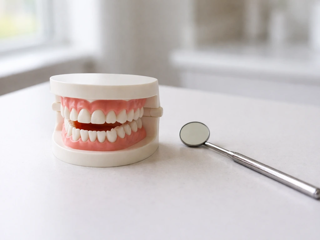 Minimal photo of a dentist’s mirror and a child’s dental model showing upper and lower teeth alignment