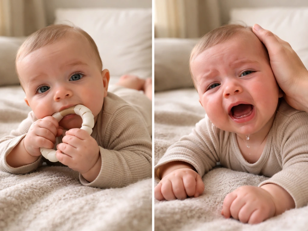 Split photo: baby gently chewing a teether vs a distressed, more drooly baby being comforted.