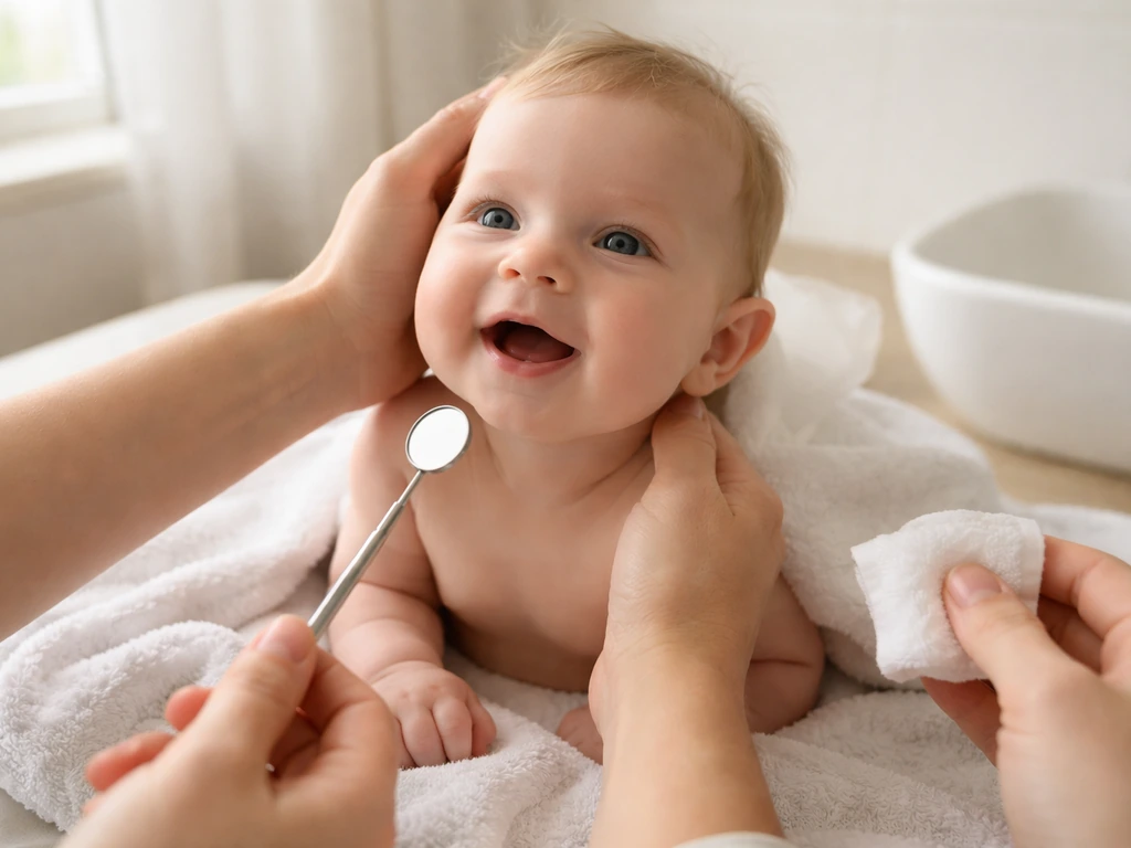 Parent gently holding a baby’s hand near an open mouth mirror during a calm at-home checkup