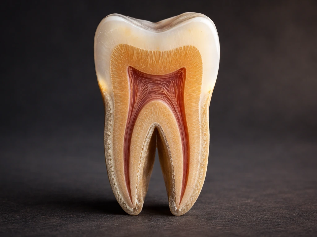 Close-up of a tooth cross-section with four distinct layers shown, each with subtle repair/grow-back implication