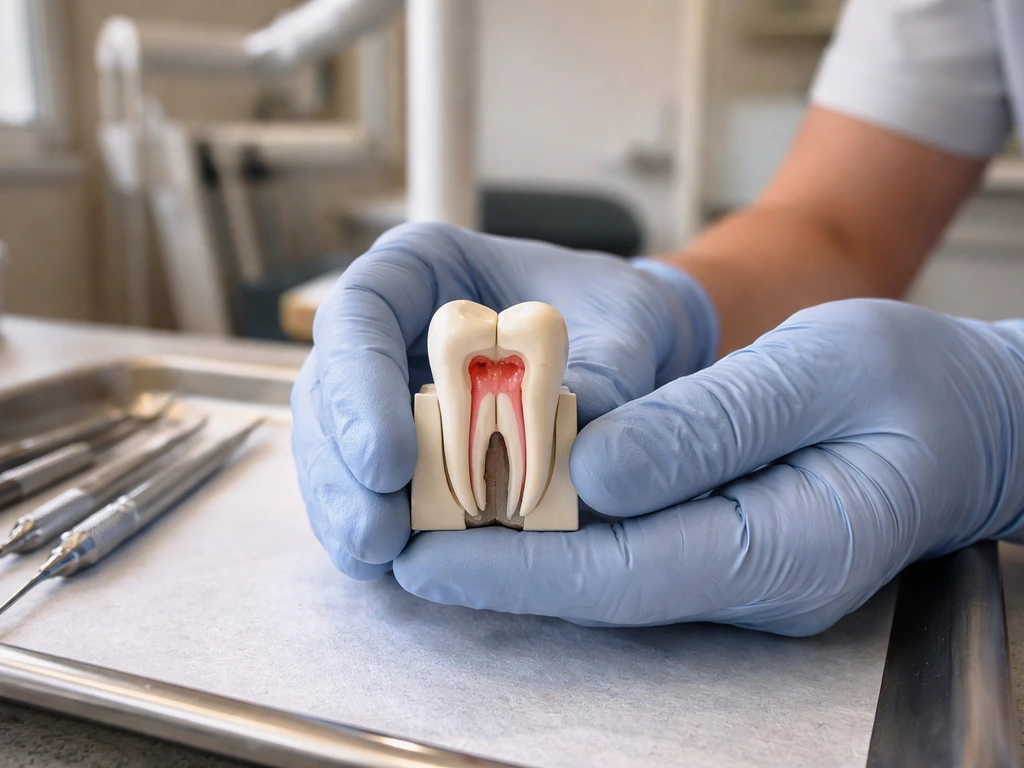 Gloved hands hold a broken tooth model showing visible pulp, in a quiet dental exam room.