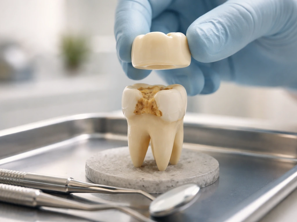 Dental crown placed on a tooth model above the gumline in a clean clinical setting