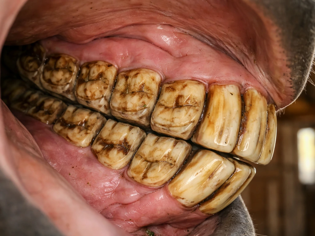 Close-up of horse cheek teeth with visible grinding wear patterns and slight tooth crown height.