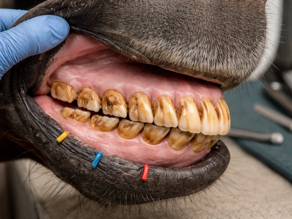Close-up of a horse jaw and teeth with subtle colored bands indicating eruption timing zones for age.