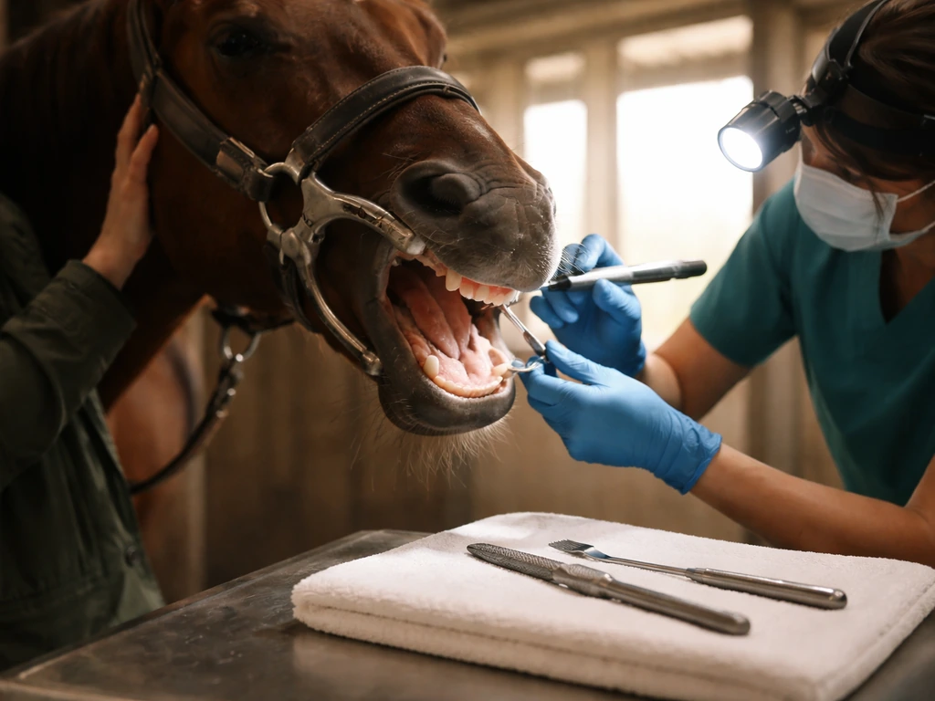 Veterinarian performing a horse dental exam with speculum and bright light in a quiet clinic stall.