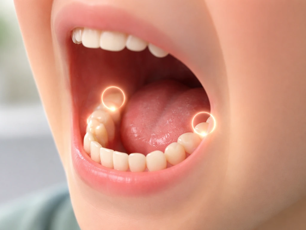 Close-up of a child’s open mouth with highlighted back gums and jaw landmarks showing wisdom-teeth area at 12.