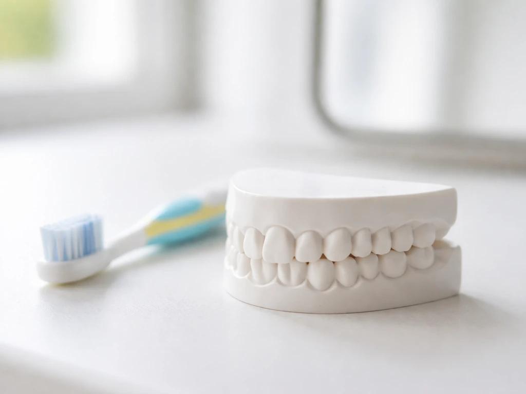 Teeth development themed photo: dental model with a child’s toothbrush on a simple bathroom counter
