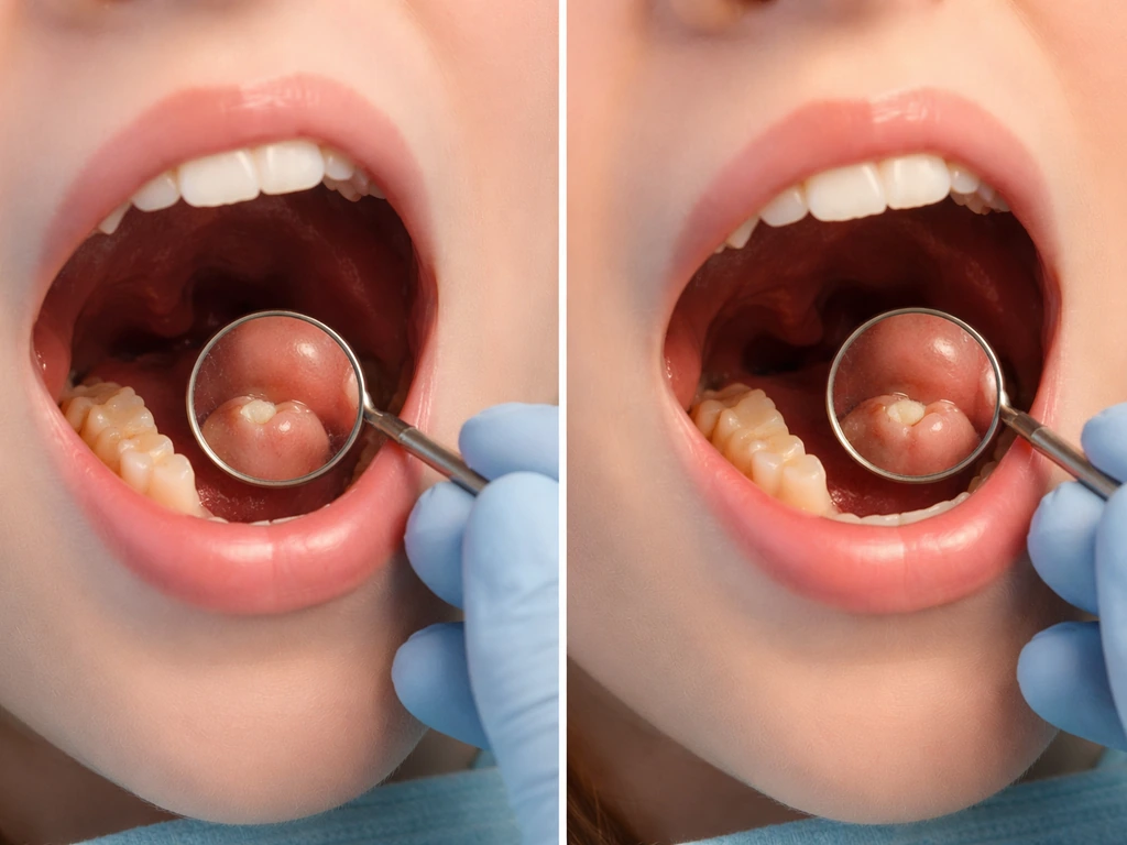 Split view of a dentist’s exam with a toddler’s molars: early wisdom tooth vs more common second-molar eruption