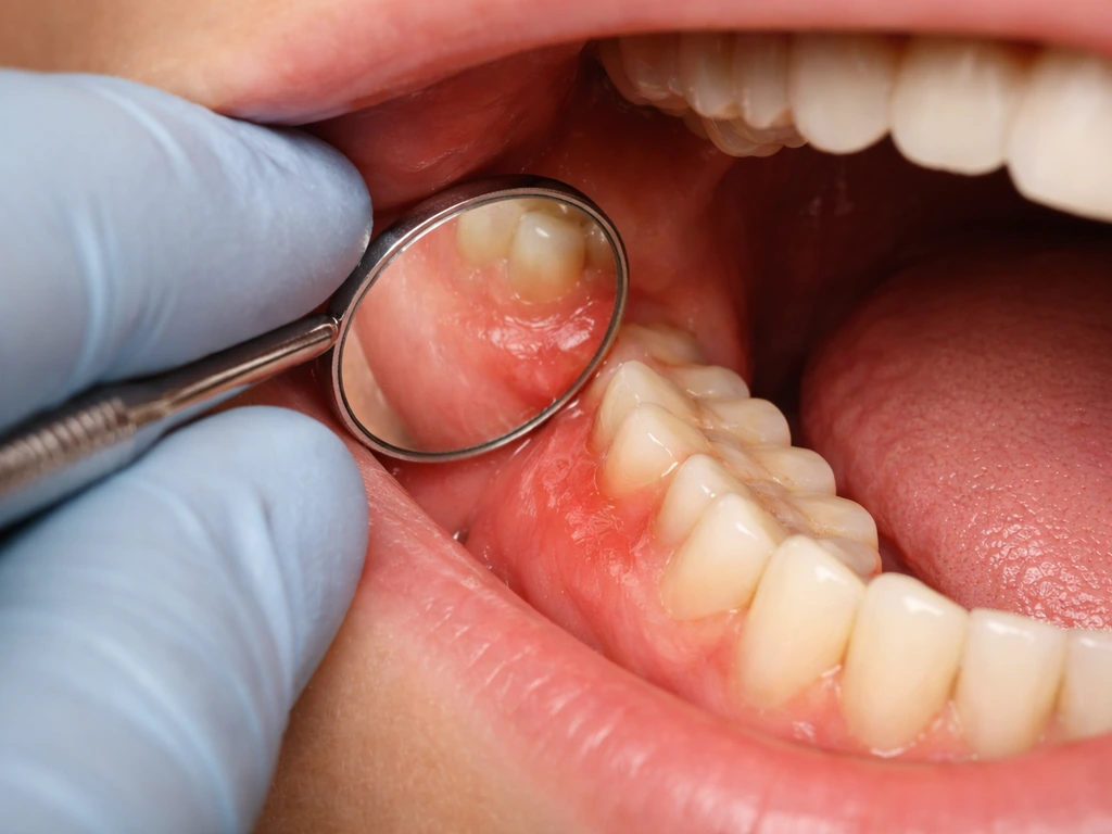 Close-up of inflamed lower back gums near the molars with a dentist’s gloved hand and mirror.