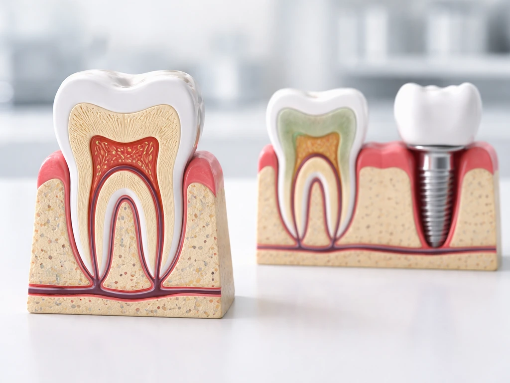 Close-up tooth cross-section model beside a clean regrowth vs replacement visual theme in a clinical setting