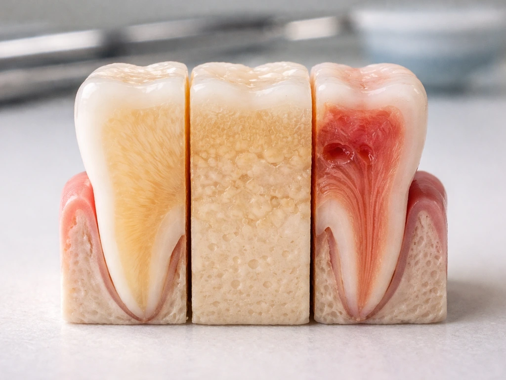 Macro side-by-side tooth cross-sections showing enamel, dentin, and inner pulp/gum tissues with distinct layers.