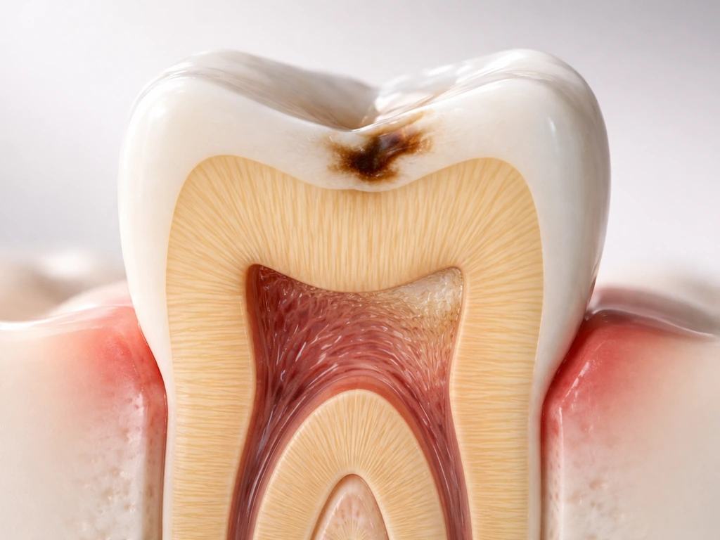 Macro view of a tooth cross-section showing a shallow early cavity with subtle reactionary dentin repair.