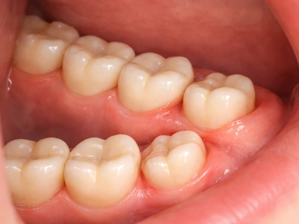Close-up of back jaw with partially erupted wisdom teeth showing mild gum irritation.