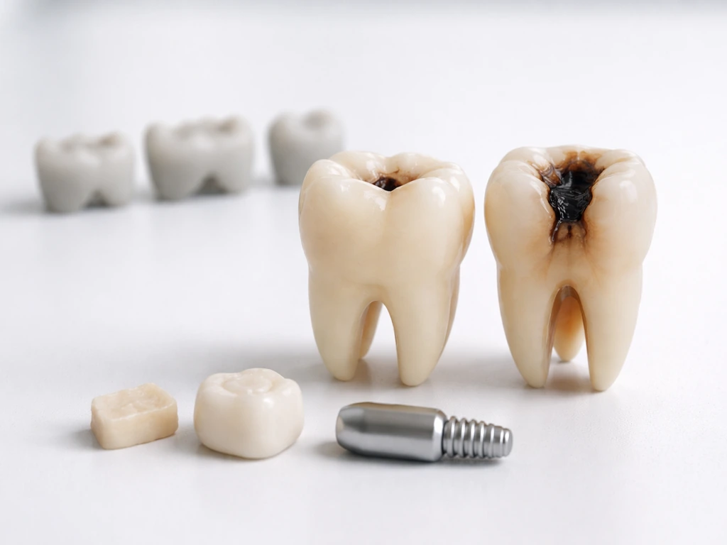 Two tooth models showing small vs large cavities with filling and crown components on a clean tabletop.