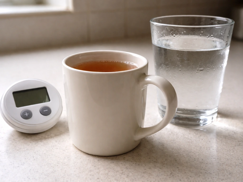 Close-up of a mug of acidic drink beside a timer and a glass of plain water for rinsing.