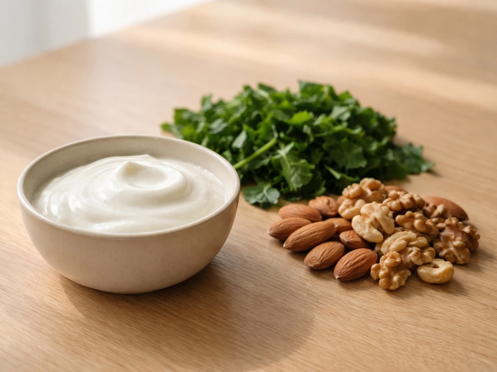 Minimal tabletop still life of yogurt, leafy greens, and nuts suggesting calcium- and phosphate-rich foods.