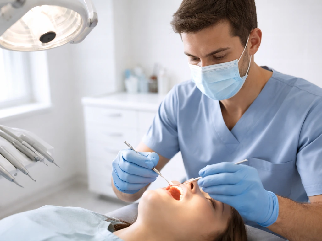 Dentist clinician examining a patient during a dental consultation in a clean, quiet clinic.