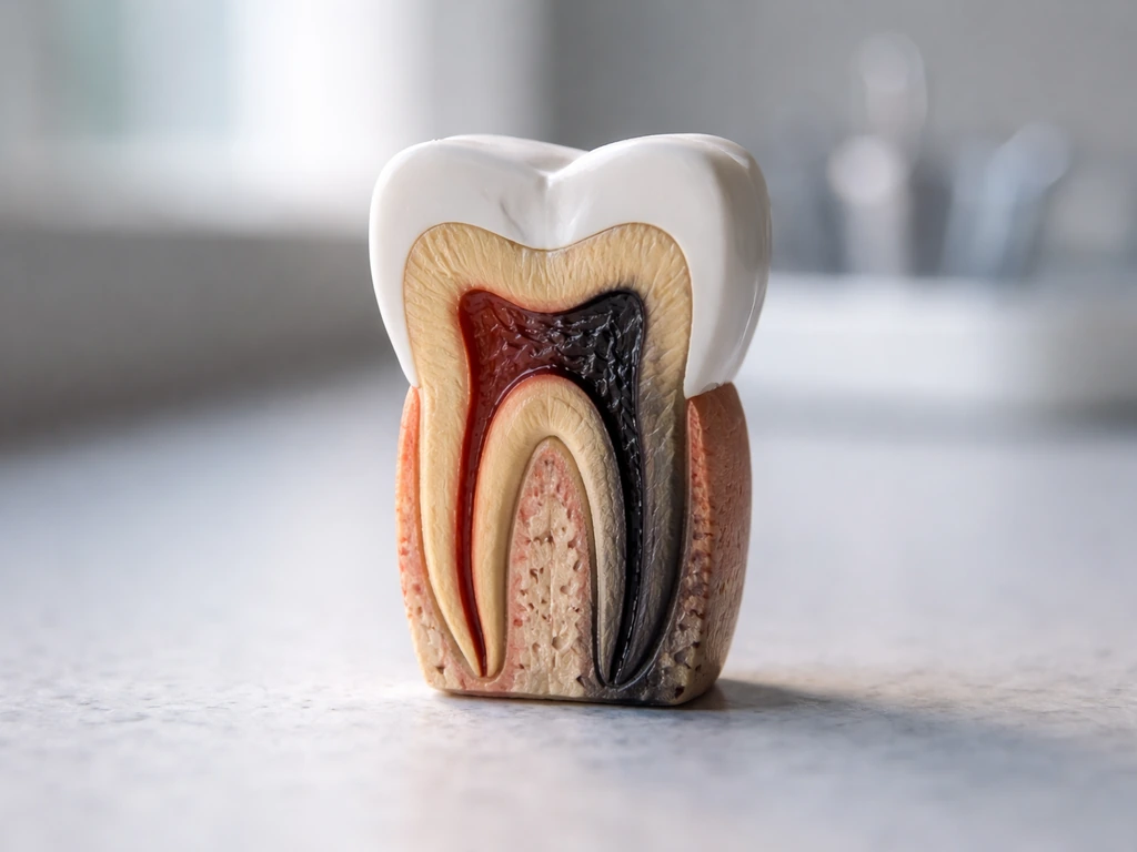 Close-up dental anatomy model showing regenerating outer layer versus non-regenerating inner roots concept