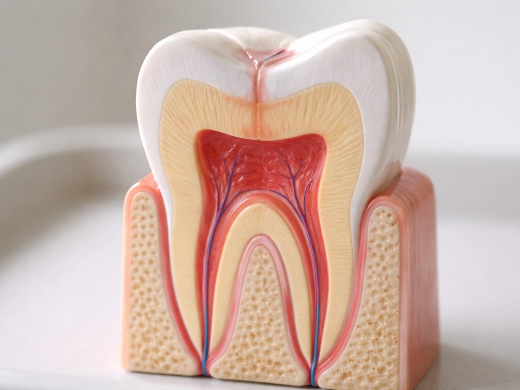 Close-up of a tooth cross-section model highlighting the dentin layer and the central pulp chamber tissue.
