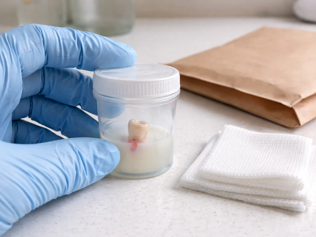 Dentist-style emergency moment with a permanent tooth placed in a small container for urgent care