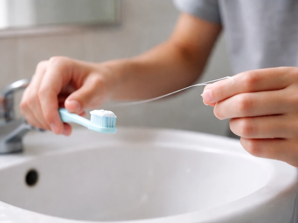 Teen brushing teeth with fluoride toothpaste; hand flossing beside bathroom sink, natural prevention routine feel.