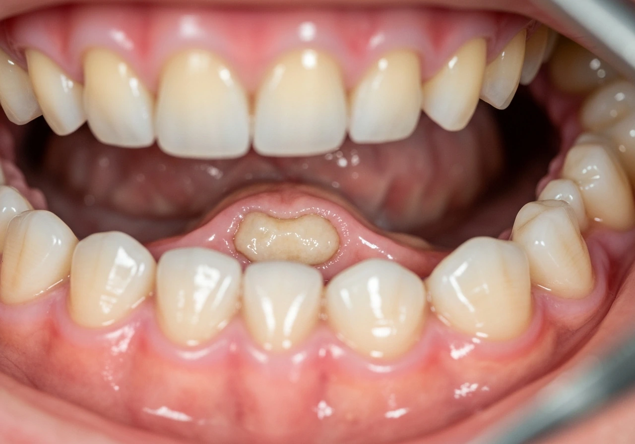 Close-up view inside a mouth showing gum tissue covering a staged bone graft area concept.