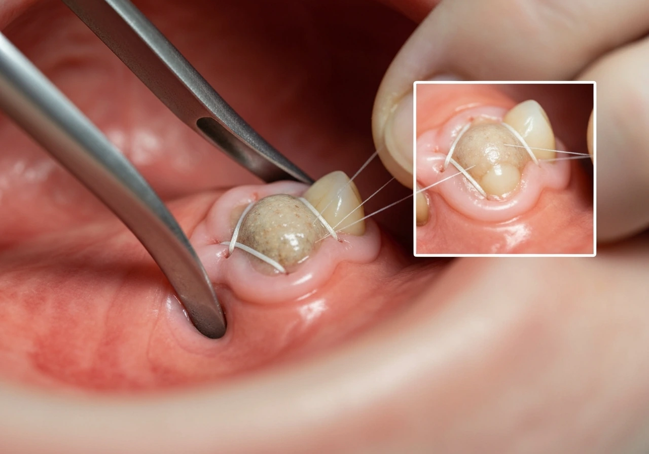 Close-up of sutured gum flap over a dental graft site with a minimal inset-style concept showing covered graft