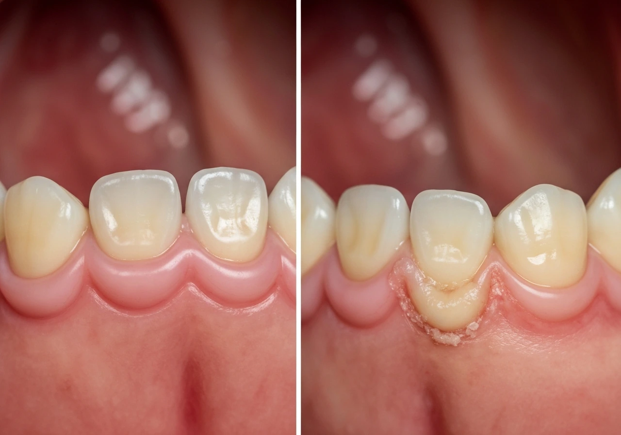 Two close-up rows showing gum tissue edges: one closed over bone and one with persistent exposure.
