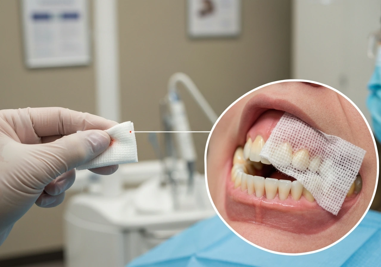 Close-up of a sterile dental procedure showing small and larger oral wound edge gaps near healing tissue.