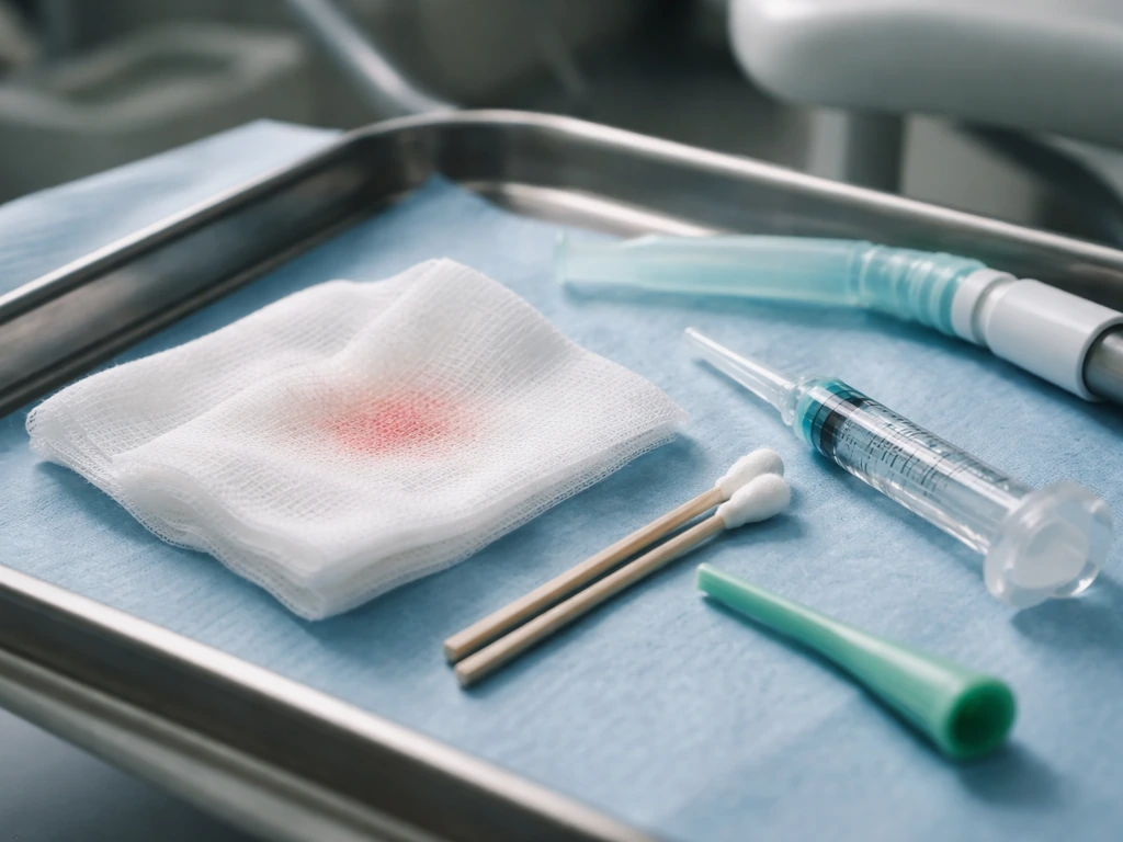 Sterile dental clinic setup with gauze and swabs suggesting worsening post-graft symptoms.