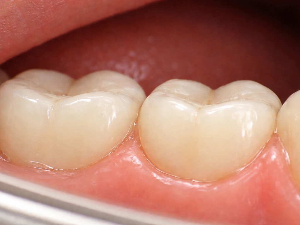 Close-up of a molar crown margin tucked under the gumline versus slightly exposed edge.