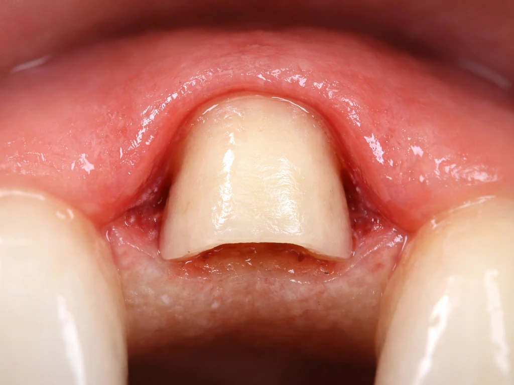 Close-up dental crown margin placed too deep with gumline and biologic width zone visible
