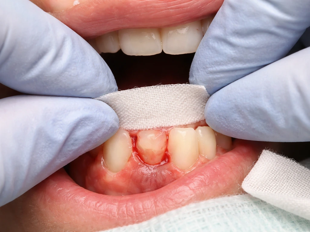 Gloved dentist hands placing a soft tissue graft over an exposed tooth margin in a dental procedure
