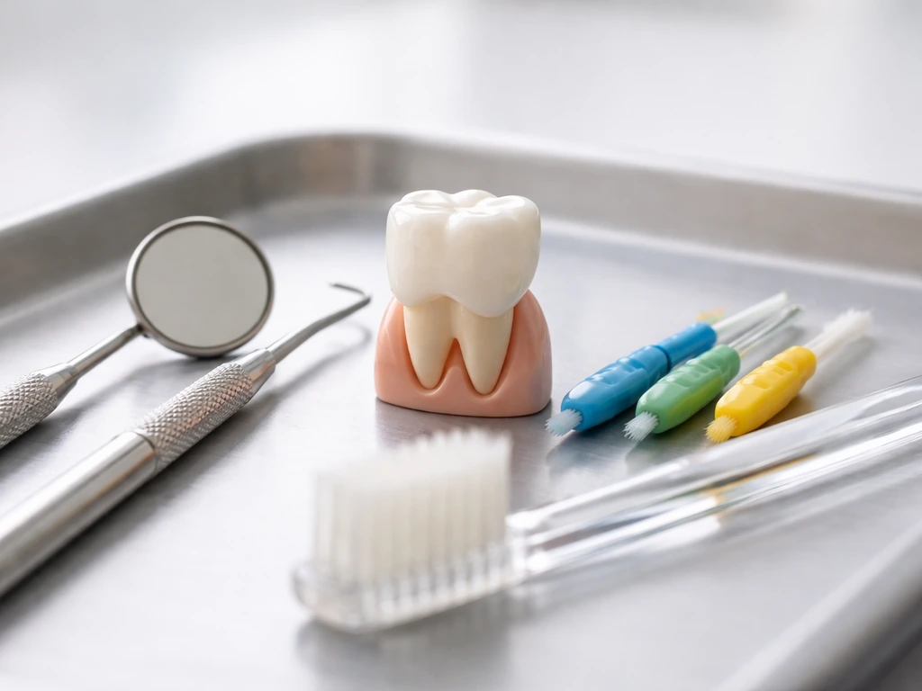 Dental crown replica with plaque-removal tools and toothbrush/interdental brushes arranged nearby.