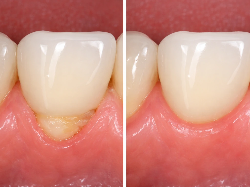 Before-and-after view of gum recession coverage around a crown margin with improved soft tissue coverage.