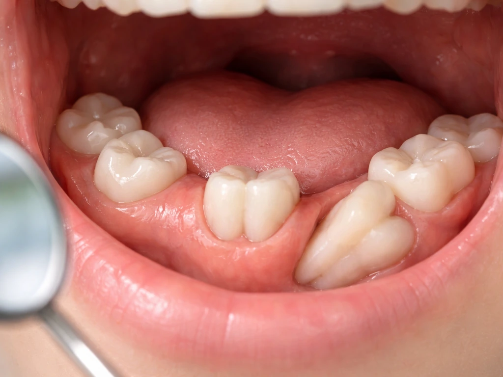 Dental close-up showing developing, partially erupted, and impacted wisdom teeth in the back jaw