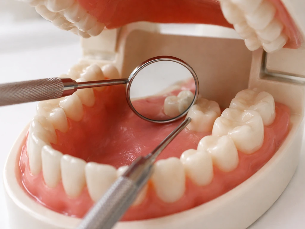 Dental training mouth model with a partially erupted wisdom tooth during a gentle monitoring check.