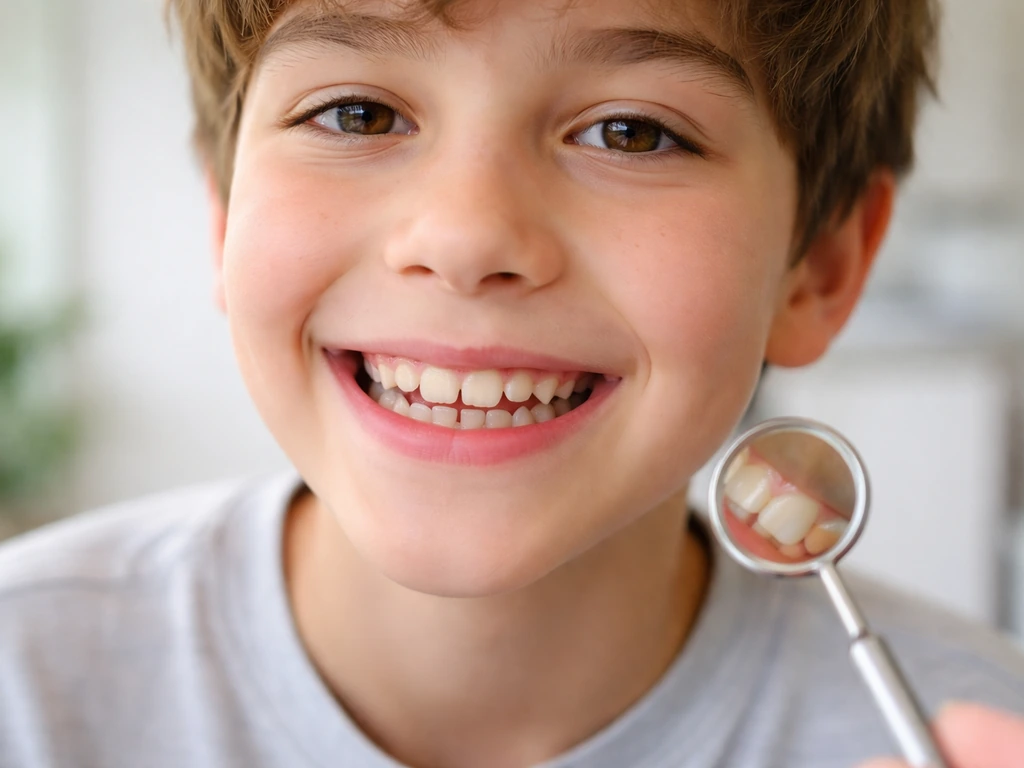 Close-up smile of a 12-year-old showing mixed teeth with partial eruption, with a dental mirror nearby.