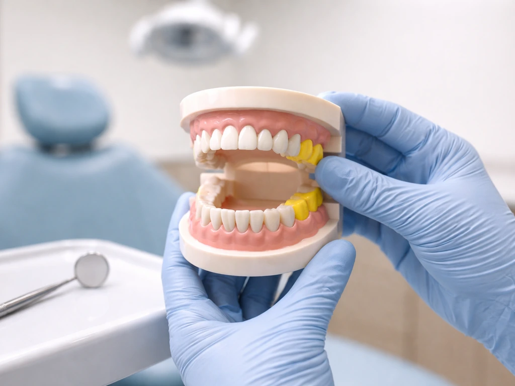 Minimal photo of a dental clinic exam chair with a focus on an open mouth mirror and a simple tooth model.